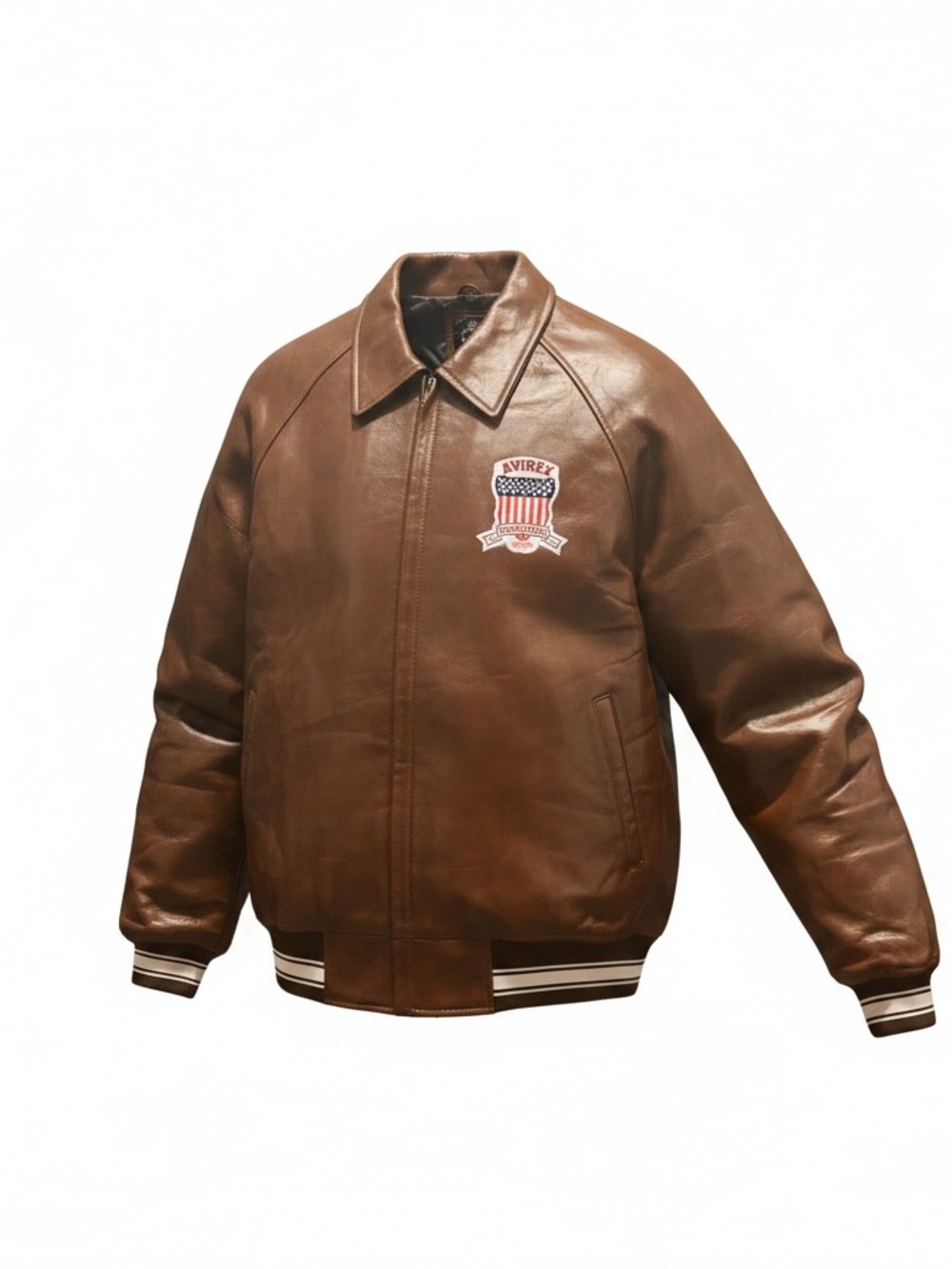 Avirex Brown Leather Bomber Jacket with Patch and Striped Cuffs